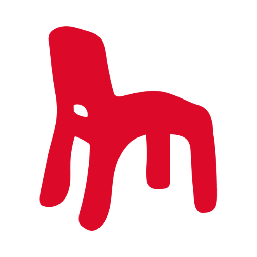 Red outline of a chair on a white background